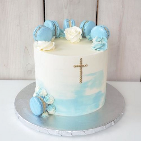 Gâteau Baptême Macarons Bleus & Croix - Les Glaceurs